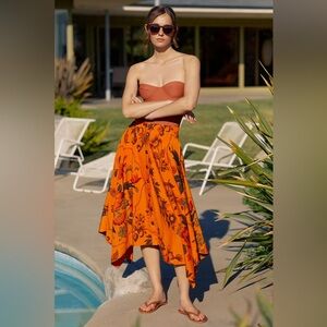 NWT Anthropologie Asymetrical Floral Orange midi Skirt size 8